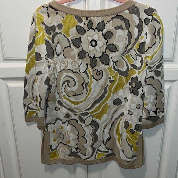 ST. JOHN Yellow White Black Abstract Floral Wool Blend Knit Pullover Small - Picture 4 of 13
